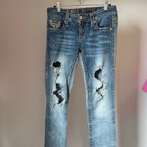 Rock Revival Women’s  Betty Ripped straight leg distressed denim, blue jeans